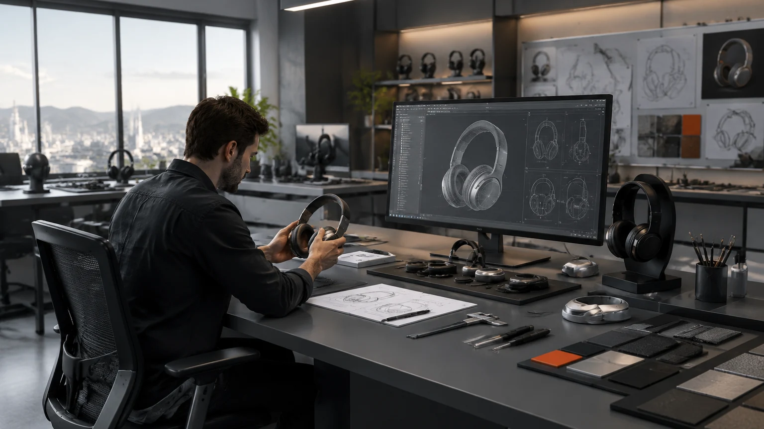 Concept image of a headset design studio and engineering workstation